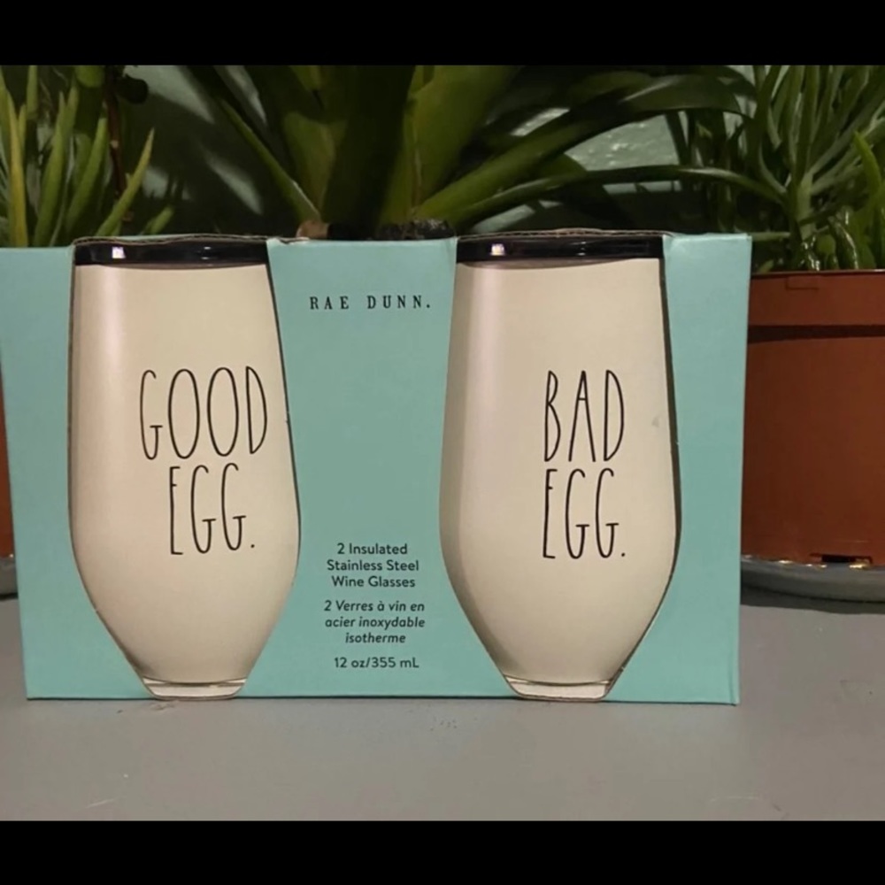 Rae Dunn Insulated Stainless Steel Wine Glasses "GOOD EGG" "BAD EGG" NEW IN BOX